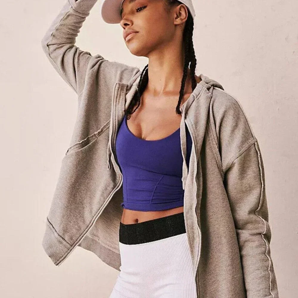 Free People Light Gray Zip Hoodie with Purple Tank and White Cap